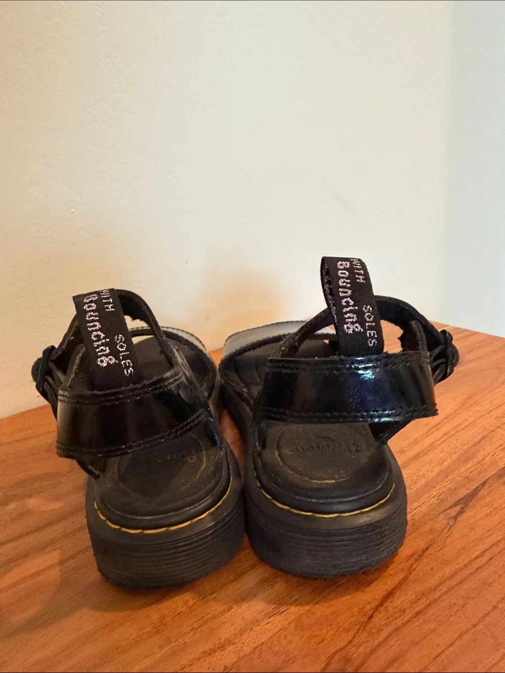 Dr. Martens Kids Black Patent Sandals with Yellow Stitch